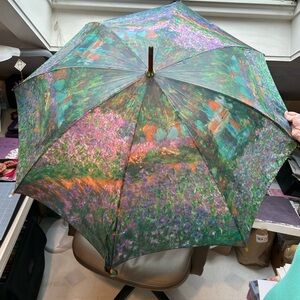 Floral Impressionist Print Umbrella - Green, Purple, Orange Claude Monet